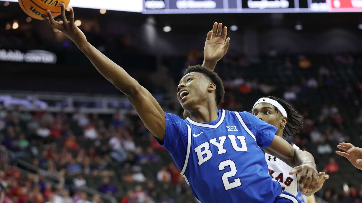 Brigham Young guard Jaxson Robinson (2) drives against Texas Tech during the Big 12 conference championship in Kansas City, Mo., on Thursday, March 14, 2024. Texas Tech won 81-67.