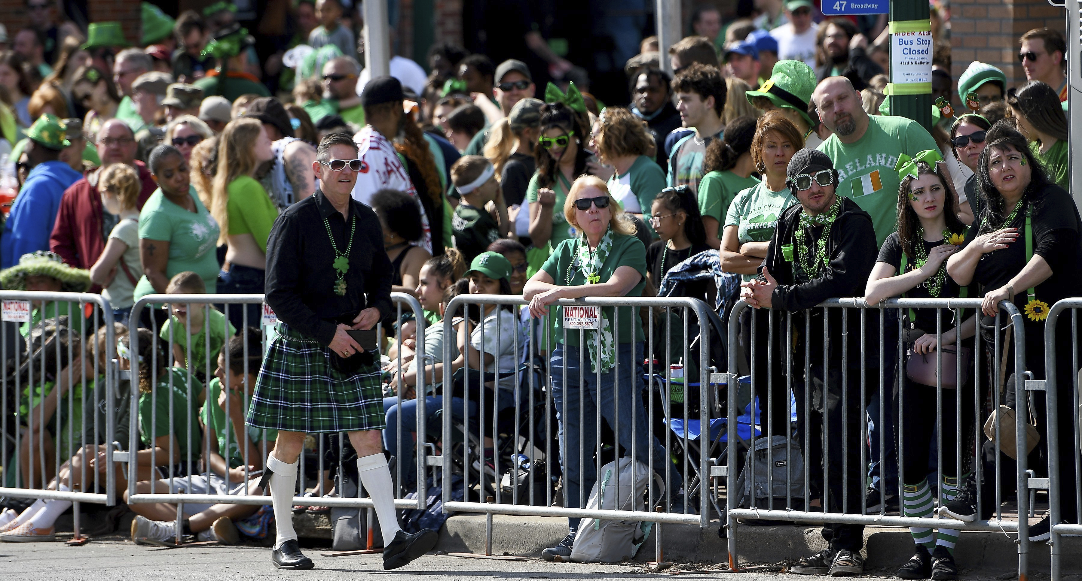 Spectators lined Broadway Boulevard at Westport Road for the St. Patrick's Day Parade, March 17, 2022, in Kansas City, Mo. Kansas City, Missouri is preparing for its annual St. Patrick's Day parade on Sunday, March 17, 2024. It will be the first big mass gathering in Kansas City since Feb. 14, when gunfire erupted as about 1 million people attended a rally celebrating the Chiefs' Super Bowl win. Organizers say extra police will be on hand Sunday, along with many other precautions. 