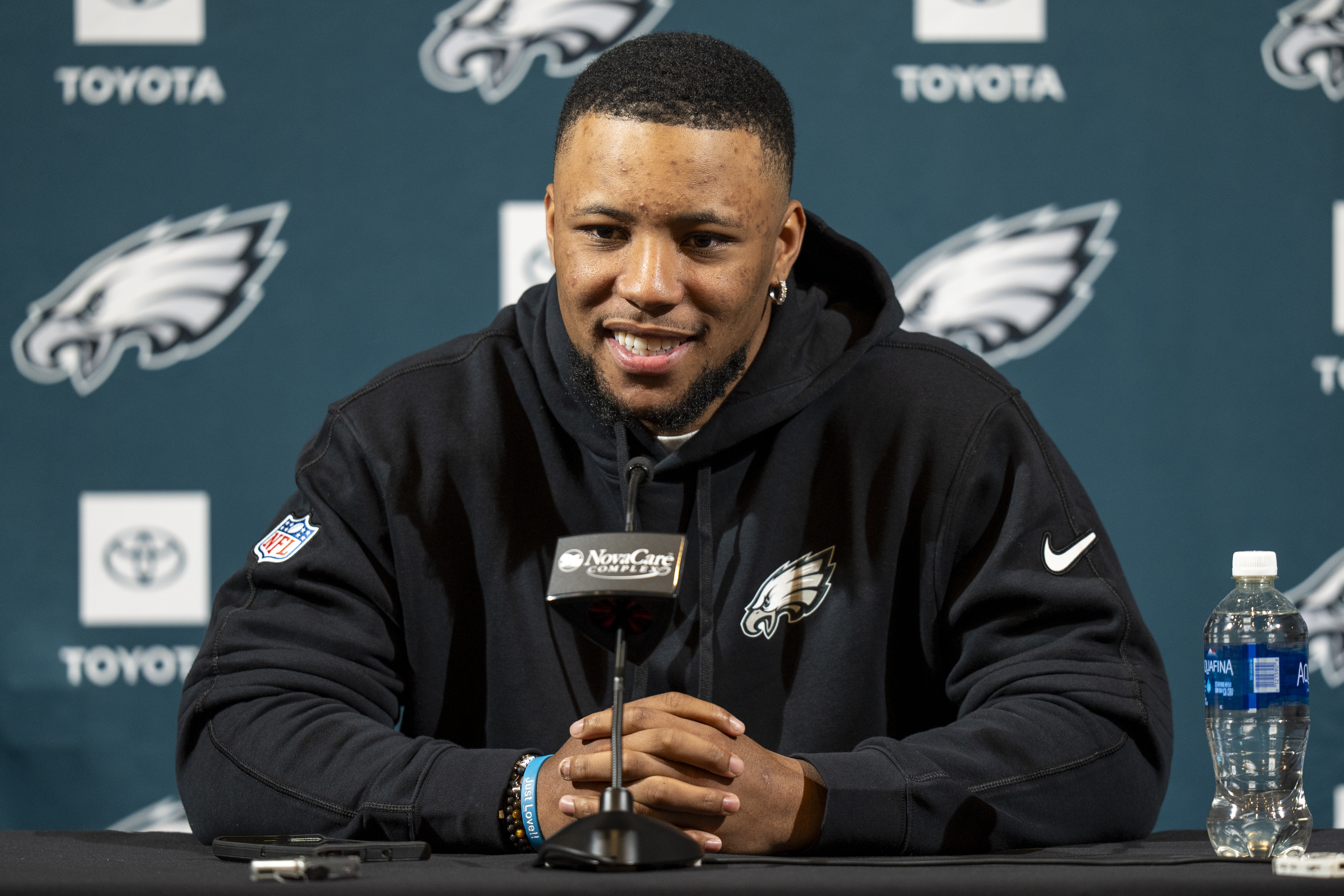 Philadelphia Eagle's Saquon Barkley talks to the media during a press conference after signing with the NFL football team, Thursday, March 14, 2024, in Philadelphia. 
