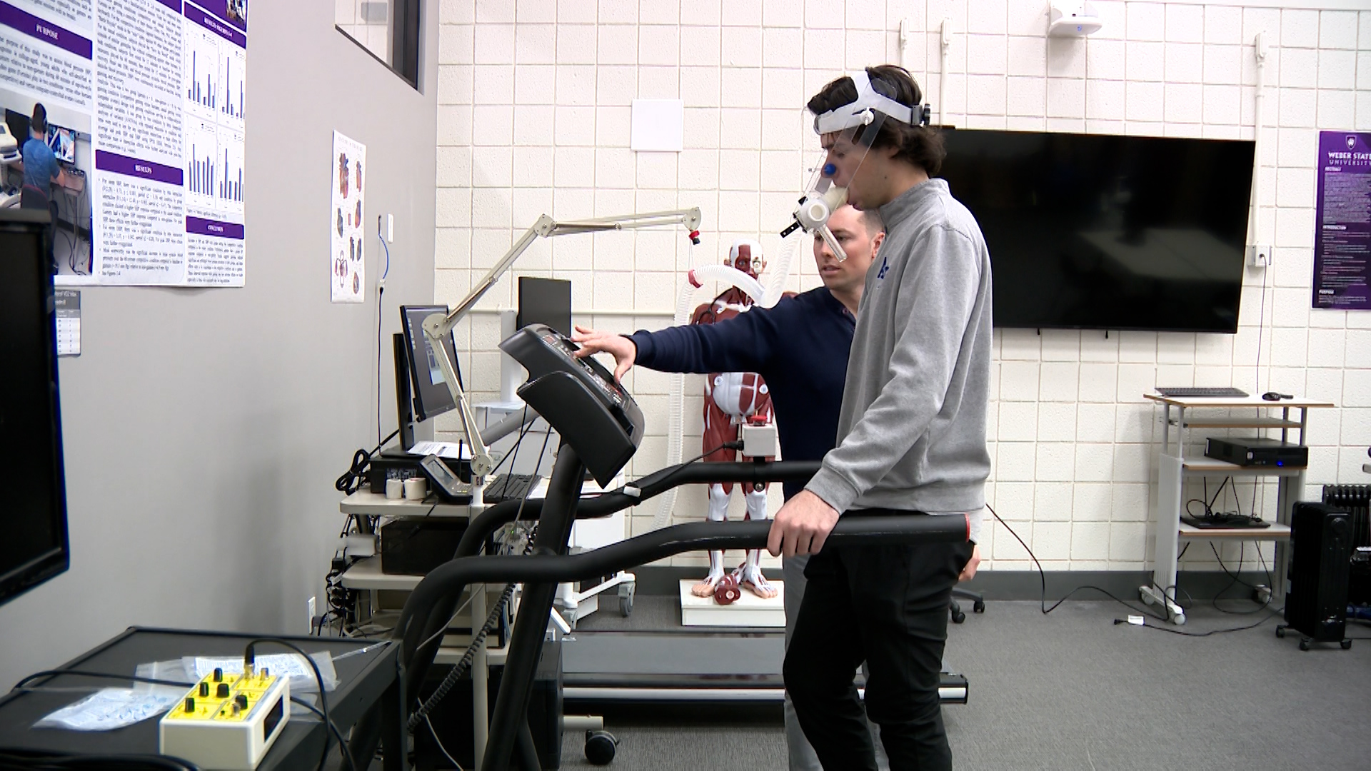 Nathan Roznos has a scholarship to Weber State for his skills in Rocket League. He is on a treadmill that is helping gather data for the study on the physical and mental impact of gaming.