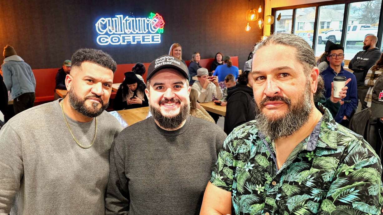 Culture Coffee owners Eric Stone, left, and Isaac Atencio, center, and Mike Tuiasoa, the locale's general manager, at its opening on March 2. The new business is located on Salt Lake City's west side.