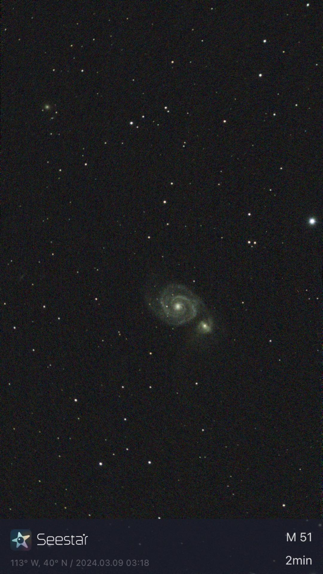 The Whirlpool Galaxy was discovered in 1773 by Charles Messier, who began a catalog of deep-sky objects, now known as the Messier Catalog. Local astronomer Max Byerly, who took this photograph with his telescope, participated in a Messier Marathon in Utah on March 8, where he attempted to photograph all 110 Messier objects.