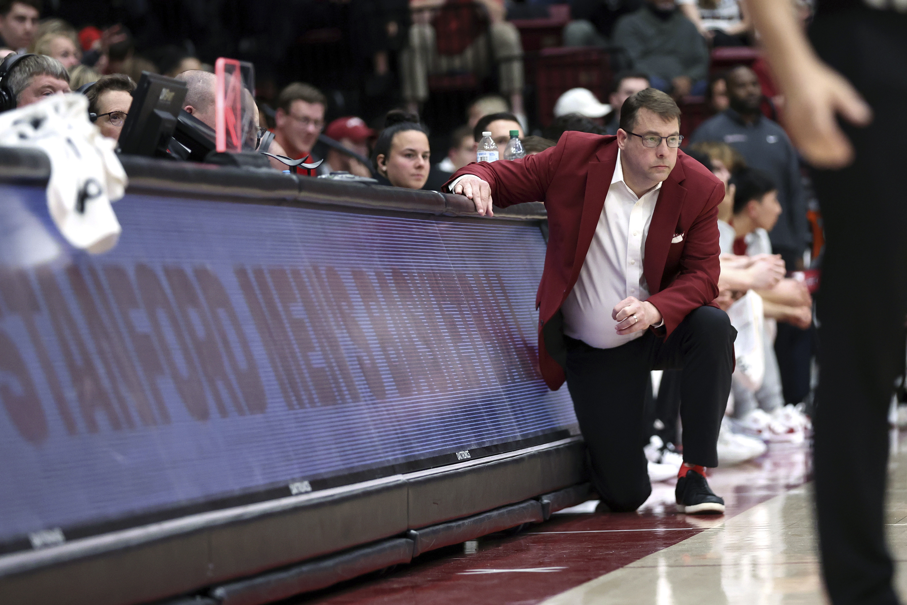 Stanford coach Jerod Haase watches the team during the first half of an NCAA college basketball game against California on Thursday, March 7, 2024, in Stanford, Calif. 