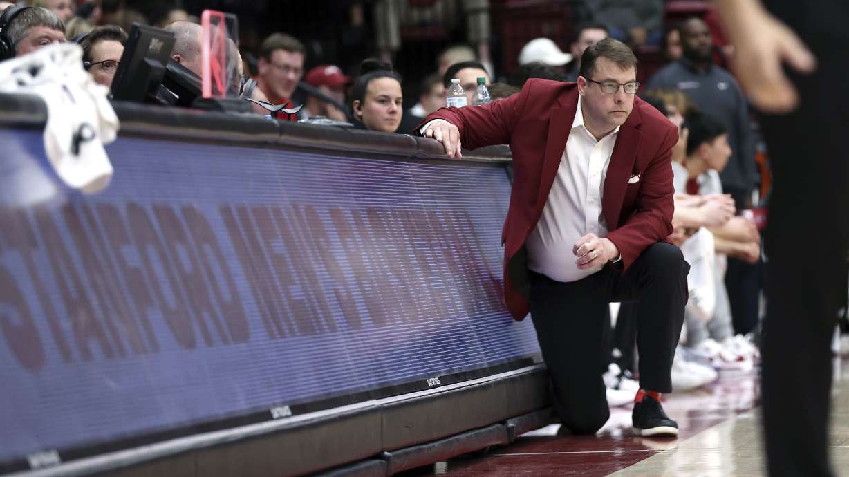 Stanford coach Jerod Haase watches the team during the first half of an NCAA college basketball game against California on Thursday, March 7, 2024, in Stanford, Calif.