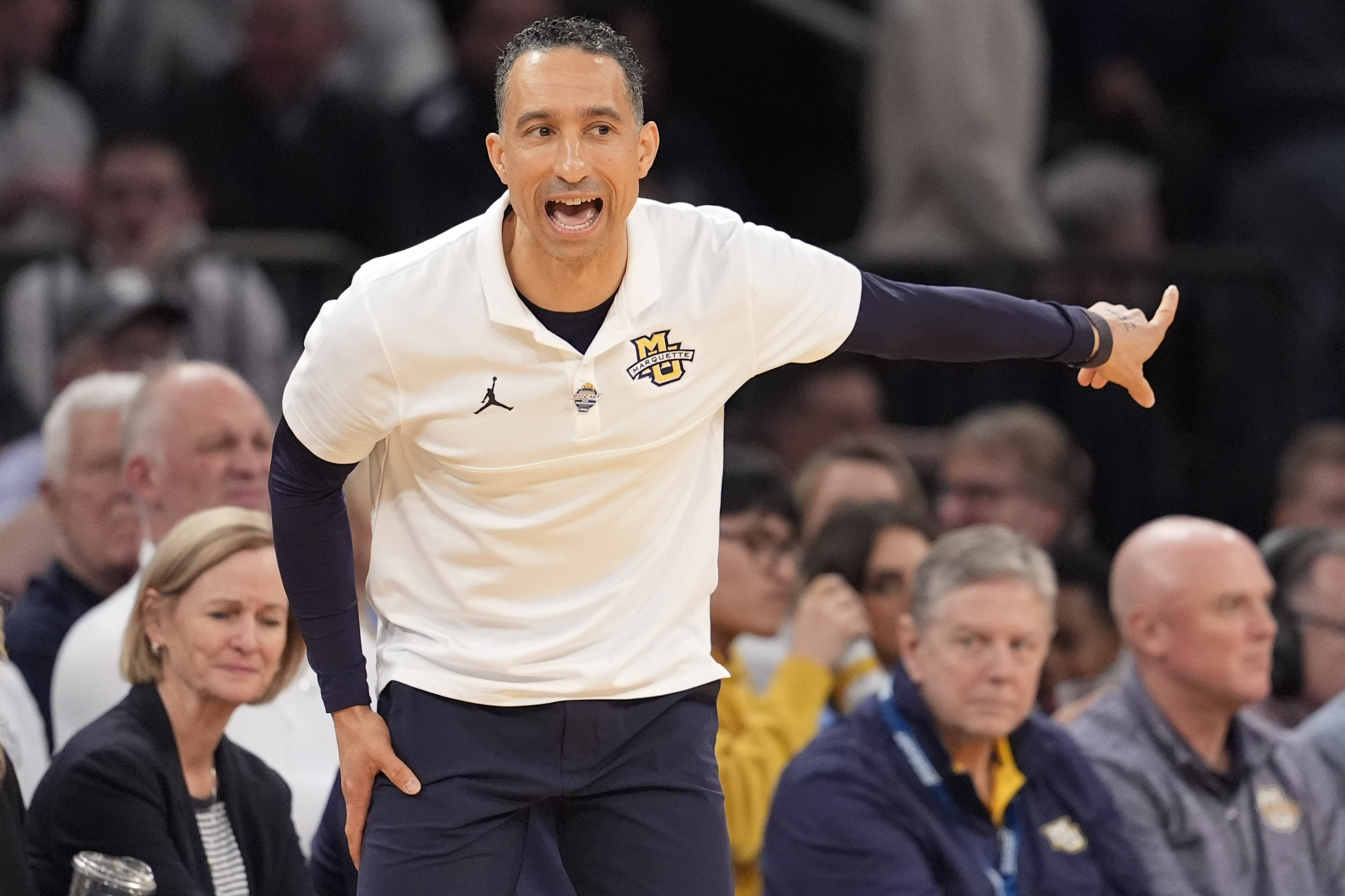Marquette coach Shaka Smart gestures during the first half of the team's NCAA college basketball game against Villanova in the quarterfinals of the Big East men's tournament Thursday, March 14, 2024, in New York. 