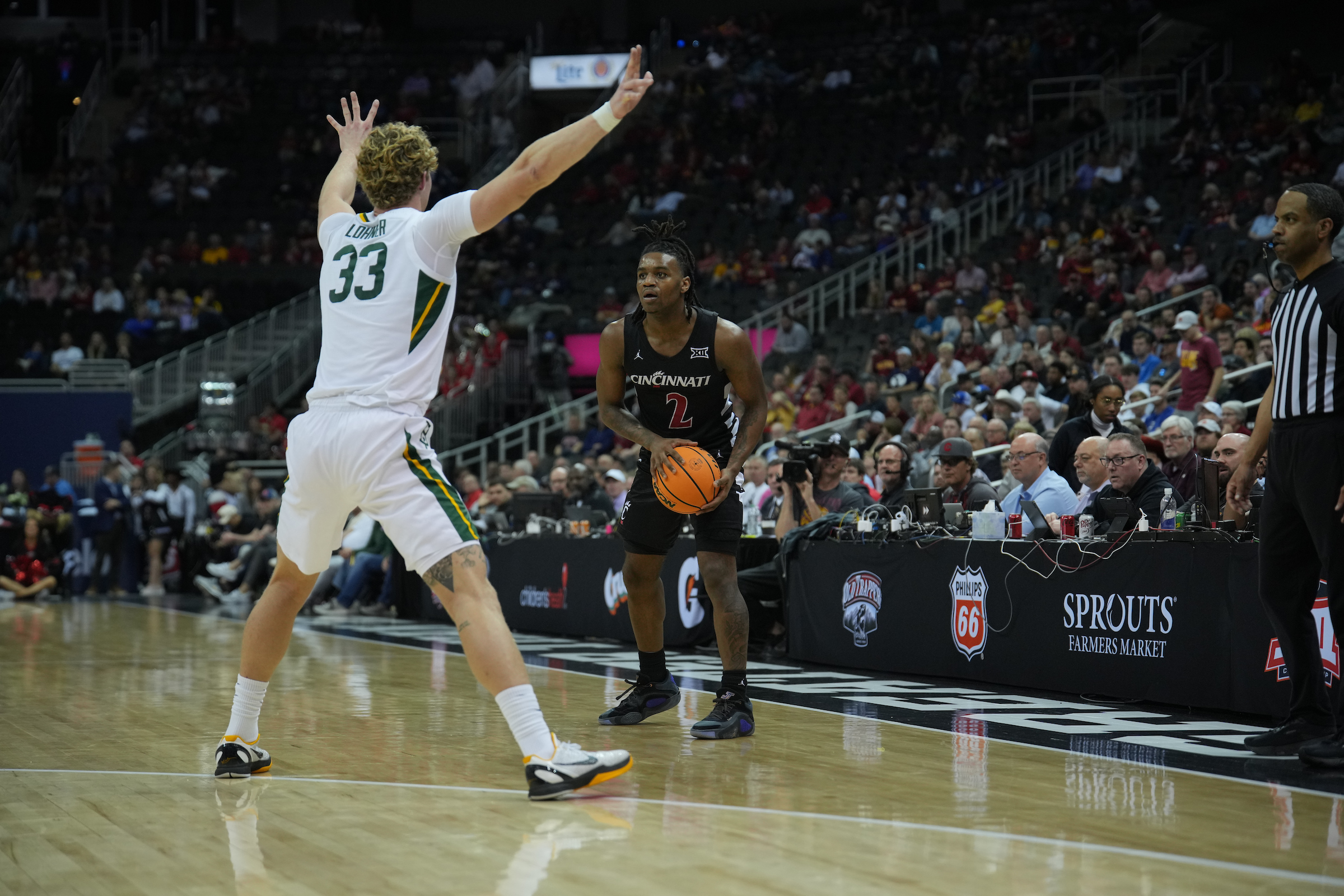 Baylor forward Caleb Lohner defends against Cincinnati during the Big 12 men's basketball tournament quarterfinals, Thursday, March 14, 2024 at the T-Mobile Center in Kansas City, Mo.