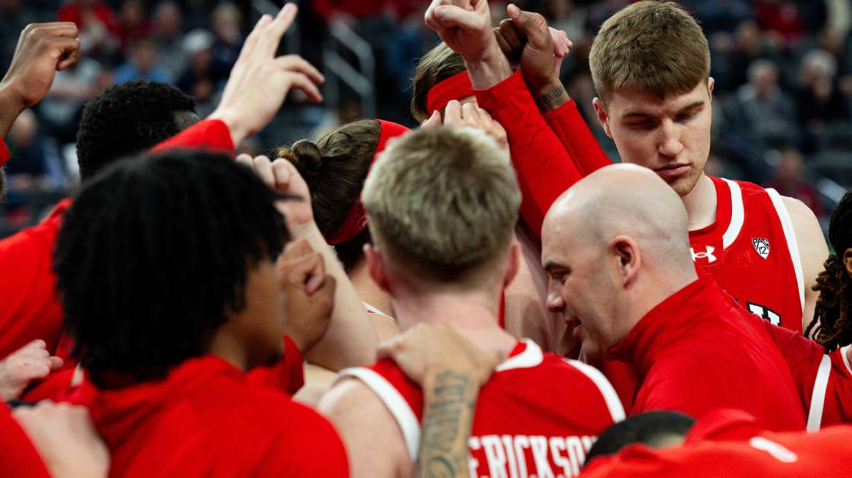 Utah Utes circle up before the game between the Utah Utes and the Colorado Buffaloes in the quarterfinals of the 2024 Pac-12 Men’s Basketball Tournament at the T-Mobile Arena in Las Vegas on Thursday, March 14, 2024.