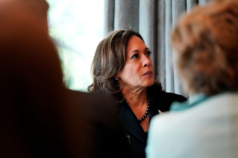 Vice President Kamala Harris listens as Irish Prime Minister Leo Varadkar speaks at the vice president's residence at the U.S. Naval Observatory in Washington, Friday. Harris on Friday said "nobody should have to go to jail for smoking weed."