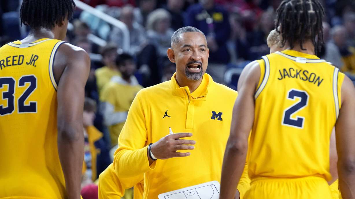 Michigan head coach Juwan Howard talks to his team during the second half of an NCAA college basketball game against Nebraska, Sunday, March 10, 2024, in Ann Arbor, Mich. Michigan fired Howard on Friday, March 15, 2024, after five seasons, 82-67 record and two NCAA Tournament. trips.