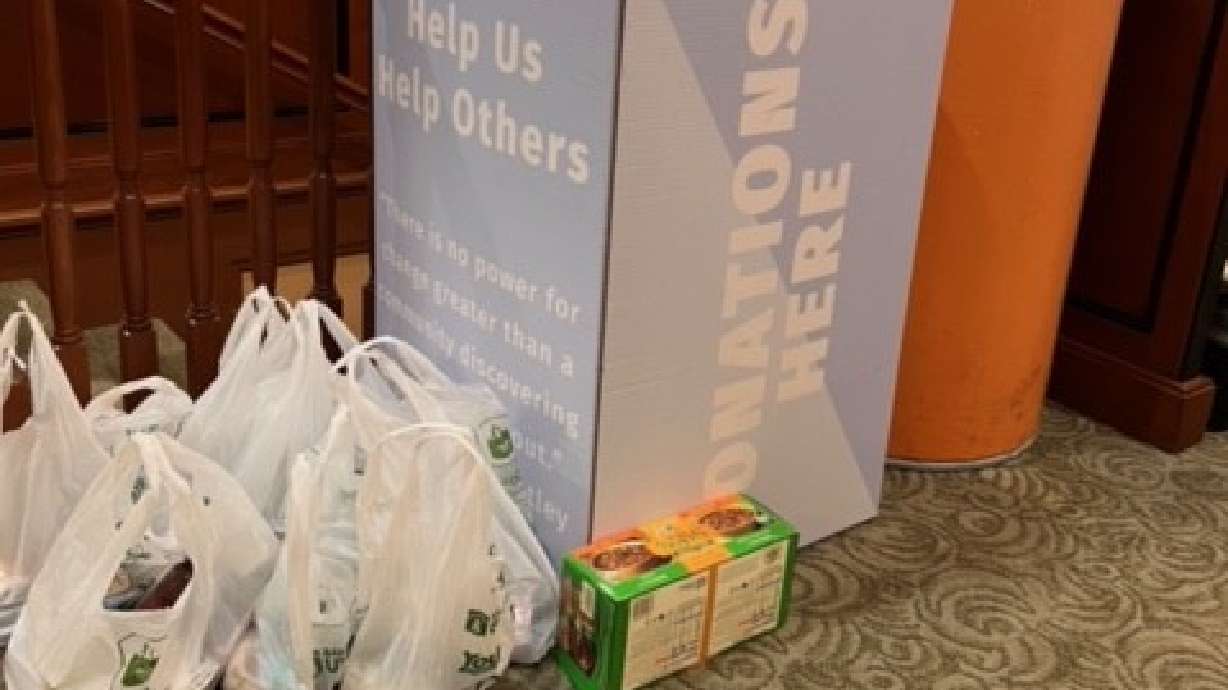 Donations await pickup at a Bank of Utah location in Provo during this year's Scouting for Food food drive.