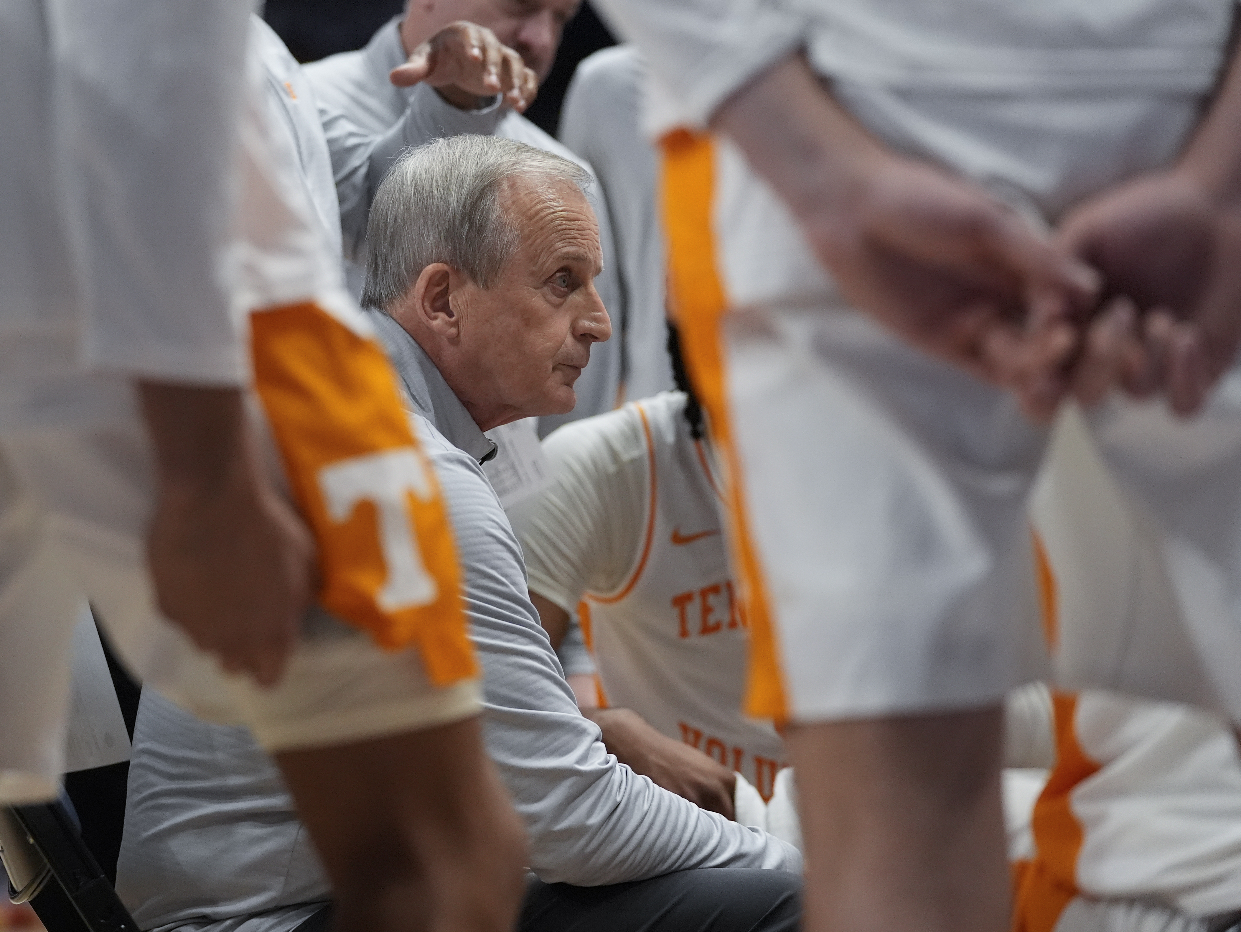 Tennessee head coach Rick Barnes huddles his players during a timeout in the first half of an NCAA college basketball game against Mississippi State at the Southeastern Conference tournament Friday, March 15, 2024, in Nashville, Tenn. 