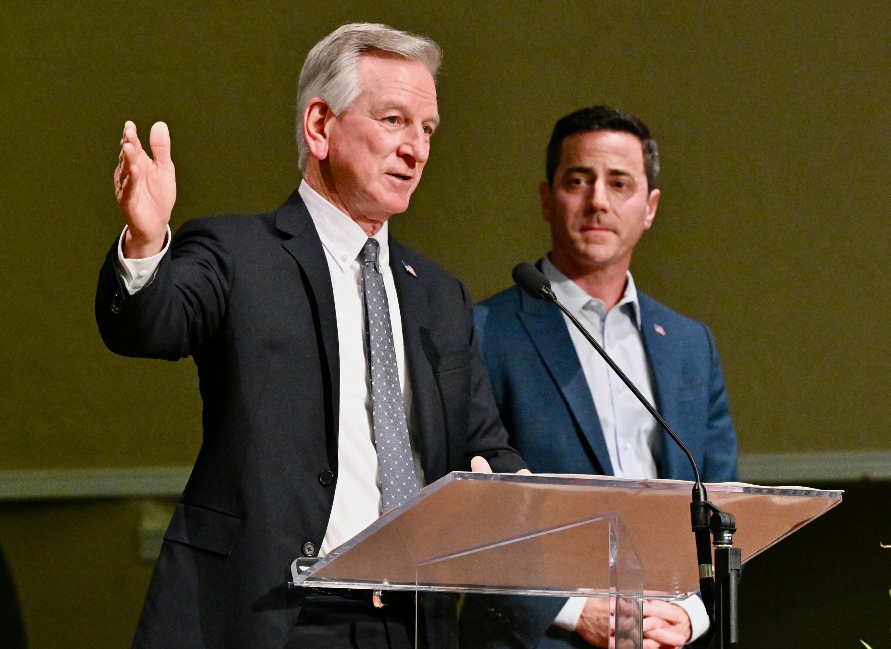 Sen. Tommy Tuberville, R-Ala., endorses Riverton Mayor Trent Staggs in his U.S. Senate race at an event at Faith Baptist Church in Layton on Friday.