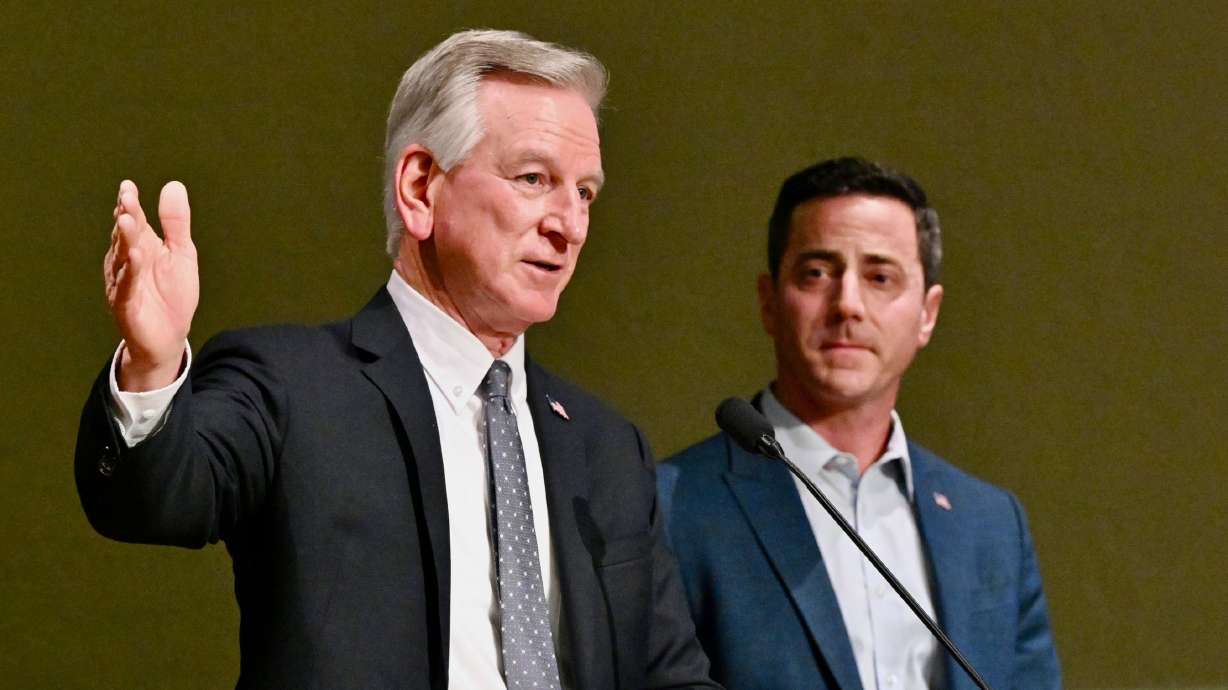 Sen. Tommy Tuberville, R-Ala., endorses Riverton Mayor Trent Staggs in his U.S. Senate race at an event at Faith Baptist Church in Layton on Friday.
