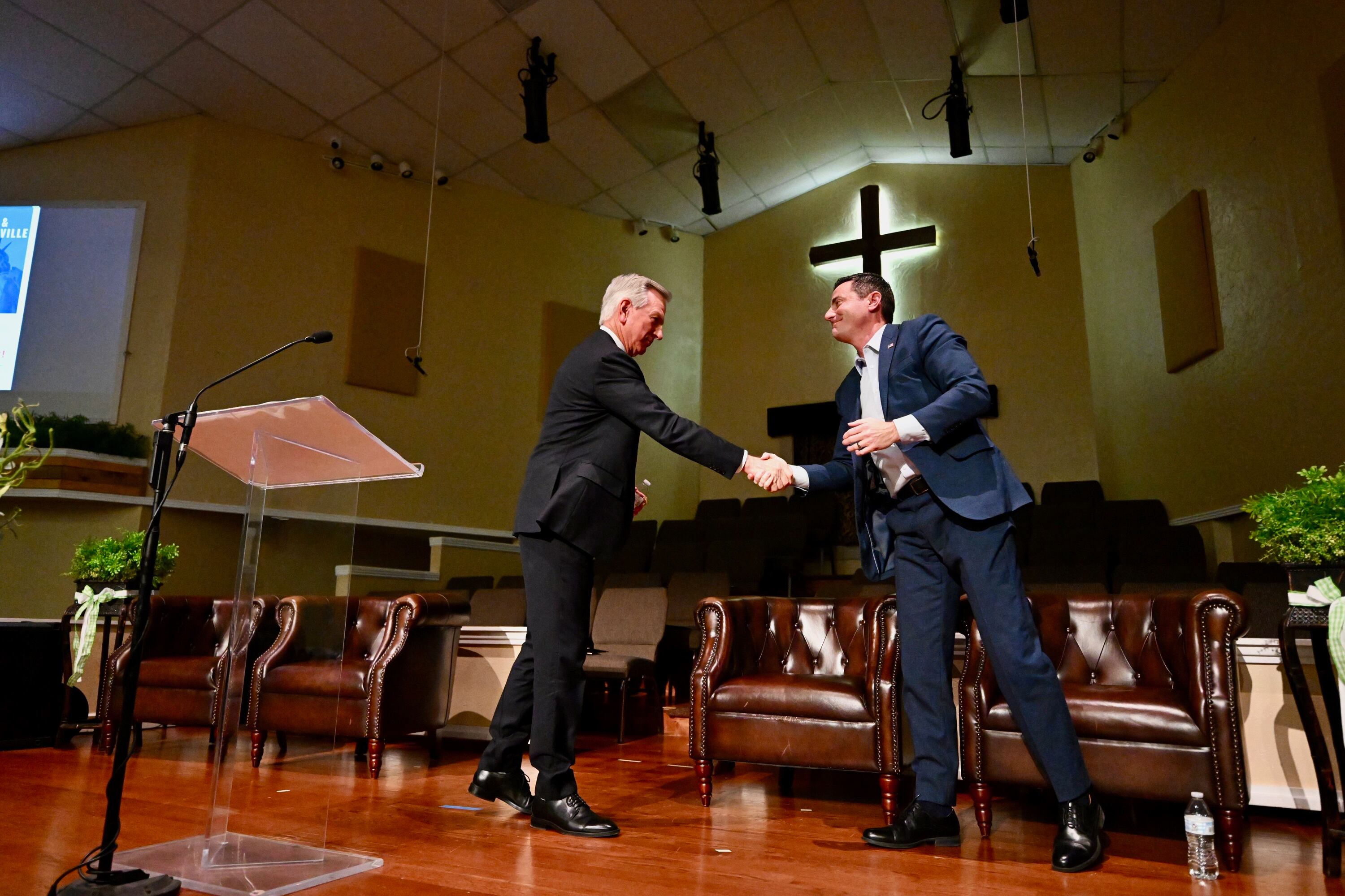 Sen. Tommy Tuberville, R-Ala., endorses Riverton Mayor Trent Staggs in his U.S. Senate race at an event at Faith Baptist Church in Layton on Friday.