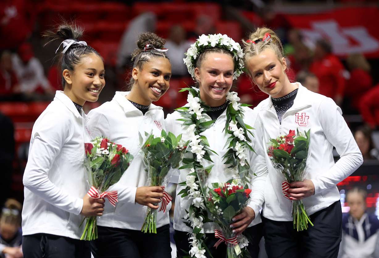 Utah Red Rocks seniors Alani Sabado, Jaedyn Rucker, Maile O'Keefe and Abby Paulson are honored after a gymnastics meet against Stanford and Utah State University at the Huntsman Center in Salt Lake City on Friday, March 15, 2024. The Utah Red Rocks won.