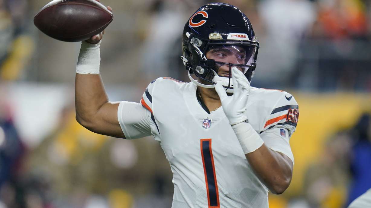 FILE - Chicago Bears quarterback Justin Fields passes against the Pittsburgh Steelers during the first half of an NFL football game, Monday, Nov. 8, 2021, in Pittsburgh. The Bears traded Fields to the Steelers on Saturday, March 16, 2024, according to a person informed of the deal.