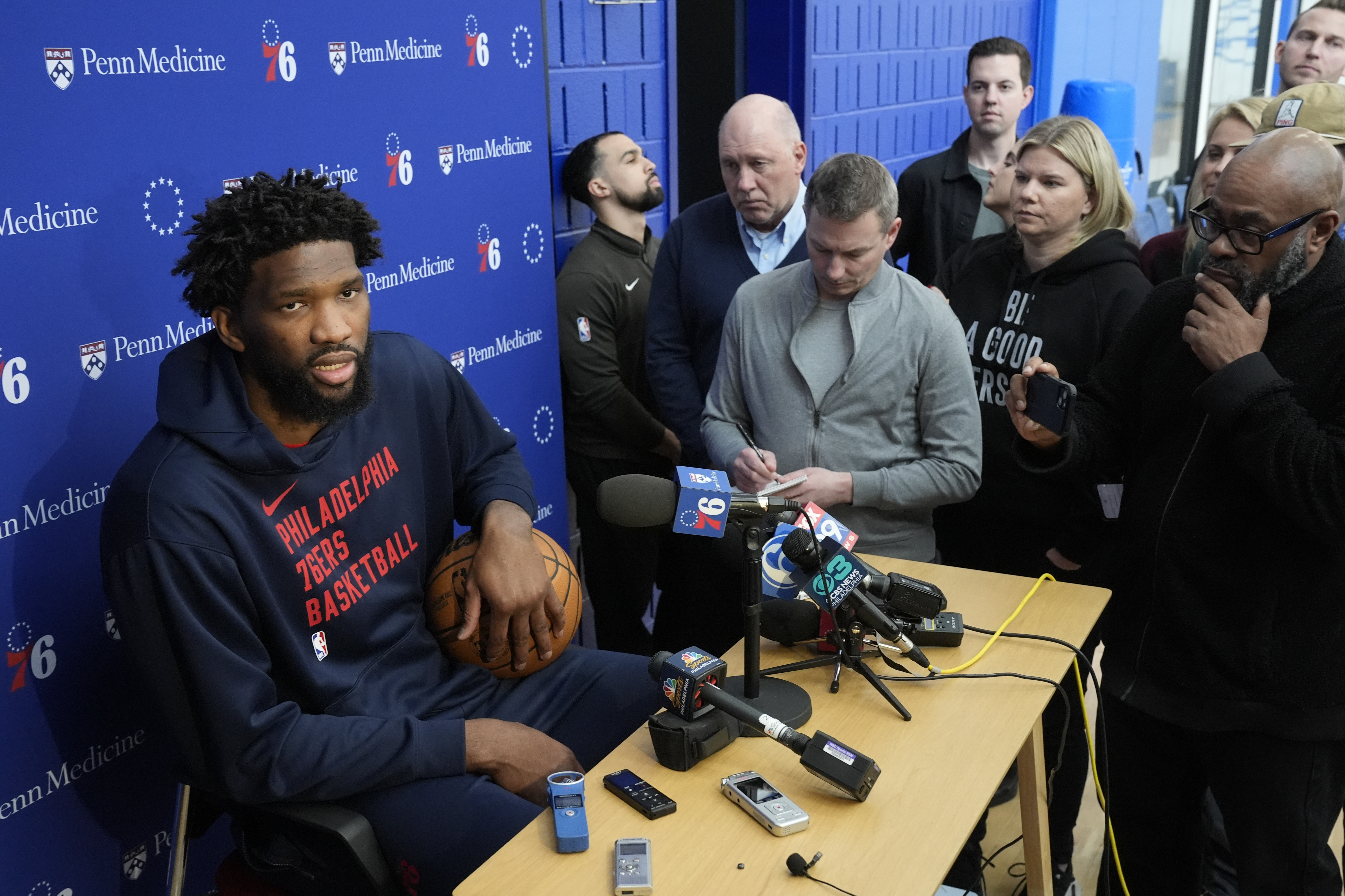 Philadelphia 76ers center Joel Embiid speaks with members of the media at the NBA basketball team's practice facility, Thursday, Feb. 29, 2024, in Camden, N.J.