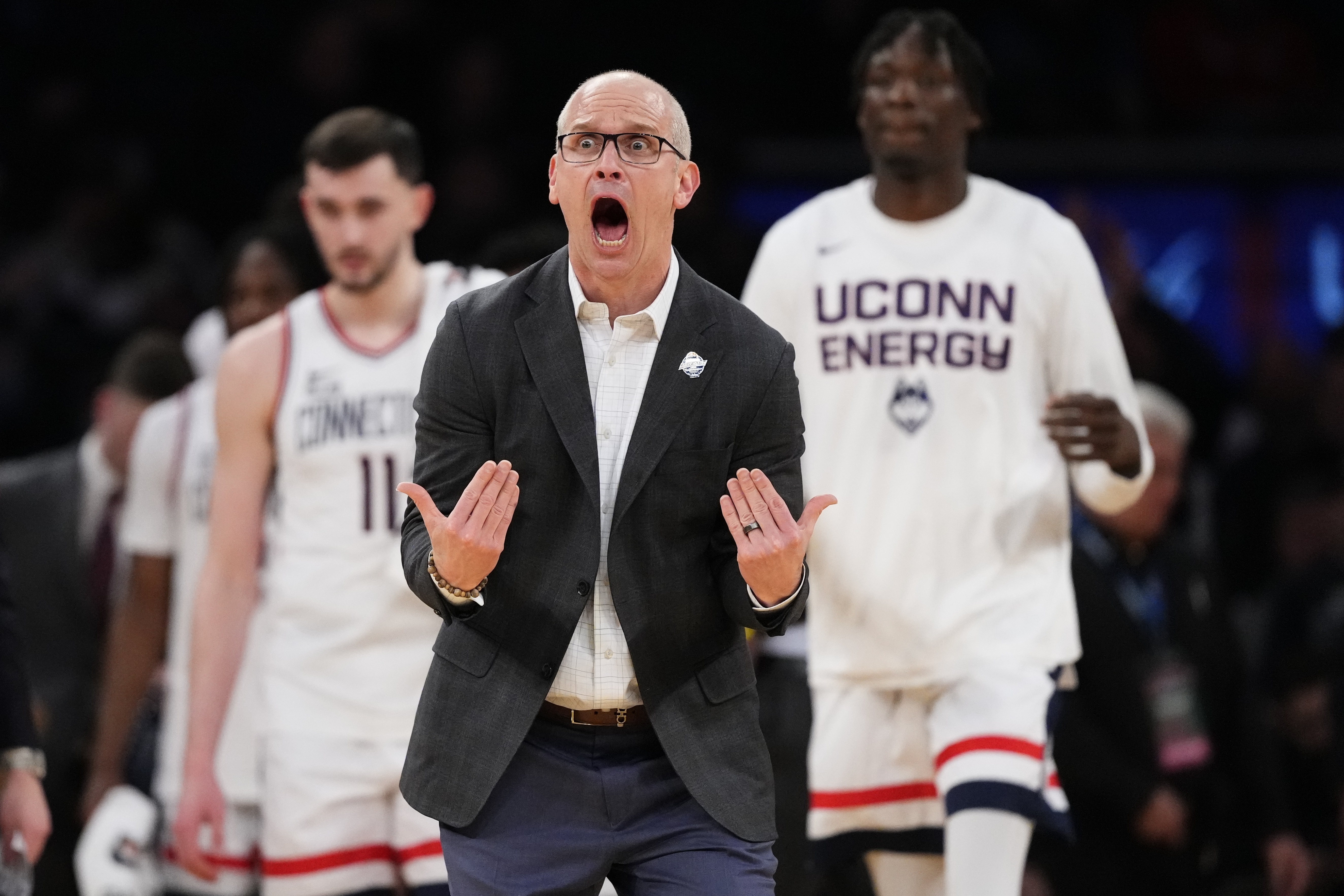 UConn head coach Dan Hurley calls out to his players during the second half of an NCAA college basketball game against Xavier in the quarterfinal round of the Big East Conference tournament, Thursday, March 14, 2024, in New York. UConn won 87-60.