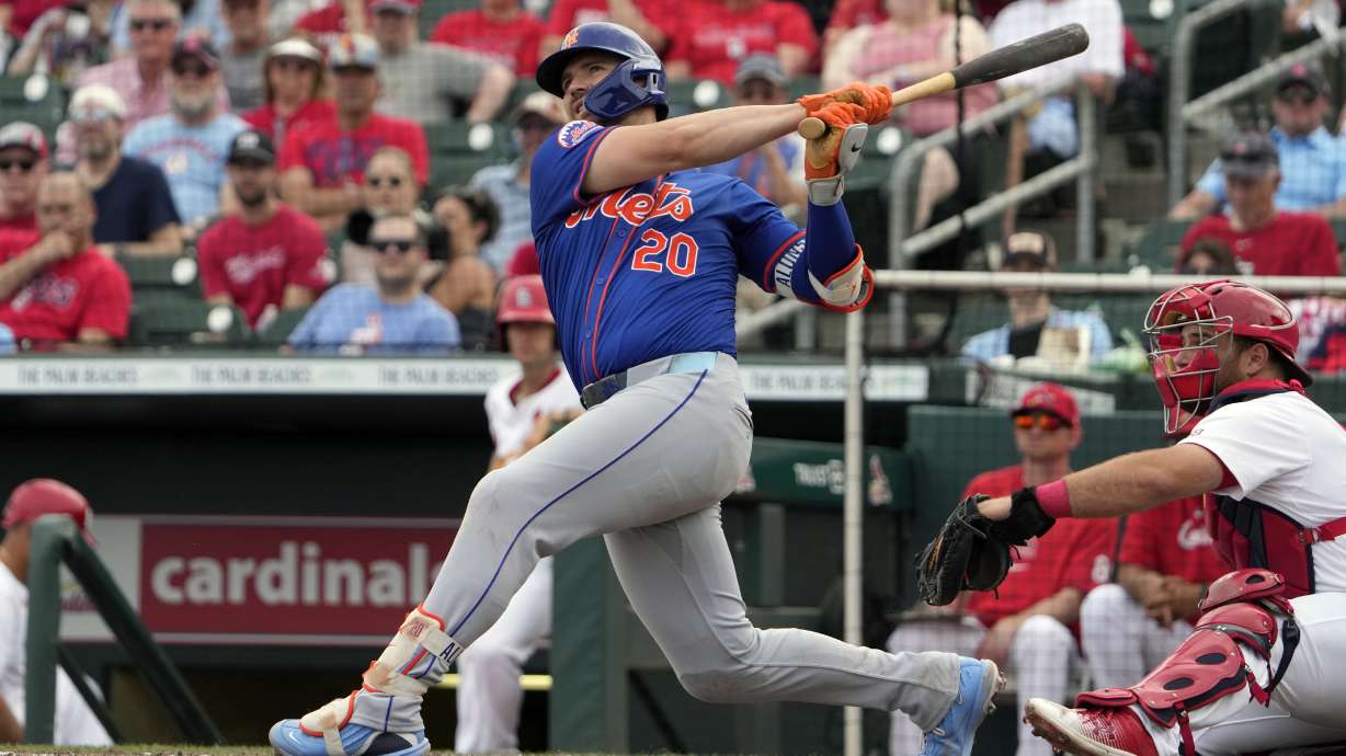New York Mets' Pete Alonso fouls off a pitch during the sixth inning of a spring training baseball game against the St. Louis Cardinals Friday, March 1, 2024, in Jupiter, Fla.