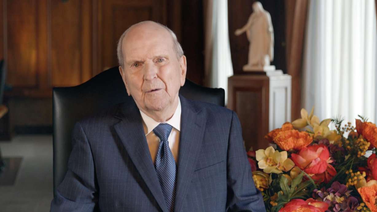 President Russell M. Nelson speaks during a prerecorded devotional for members of the Relief Society on Sunday.