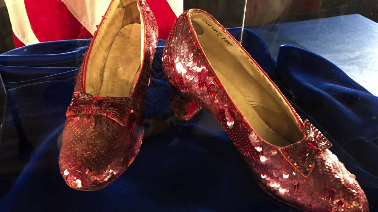 Ruby slippers once worn by Judy Garland in the "The Wizard of Oz," displayed Sept. 4, 2018. A second man has been charged in connection with the 2005 theft of a pair of the ruby slippers, according to an indictment unsealed Sunday.