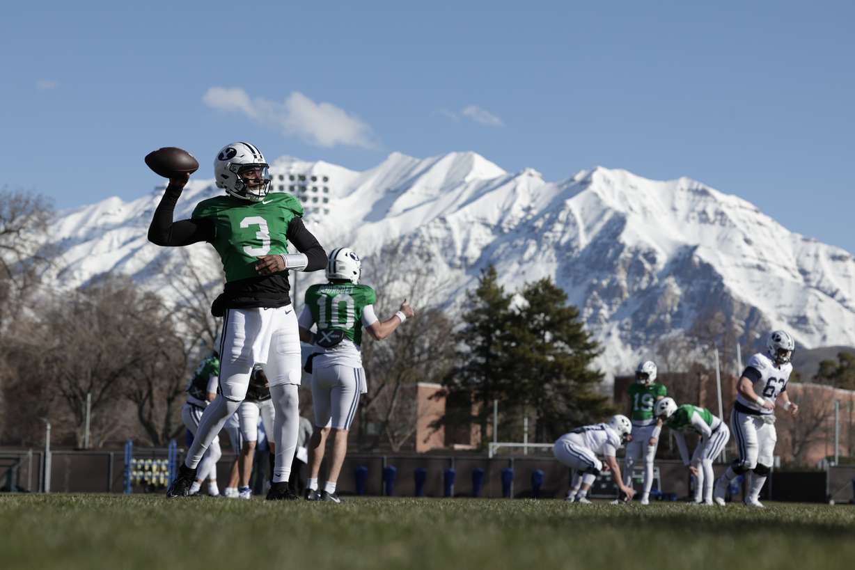 BYU quarterback Gerry Bohanon warms up during spring practices, Saturday, March 16, 2024 in Provo.