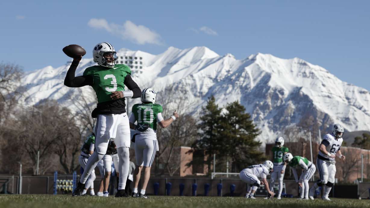 BYU quarterback Gerry Bohanon warms up during spring practices, Saturday, March 16, 2024 in Provo.