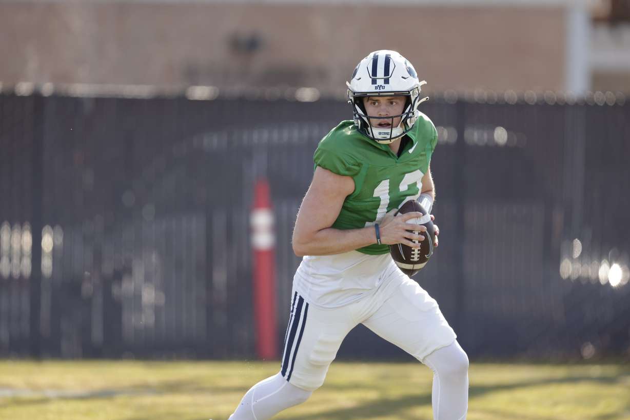 BYU quarterback Jake Retzlaff looks downfield during spring practices, Saturday, March 16, 2024 in Provo.