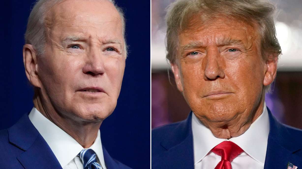 President Joe Biden, left, speaks on Aug. 10, 2023, in Salt Lake City, and former President Donald Trump speaks on June 13, 2023, in Bedminster, N.J.