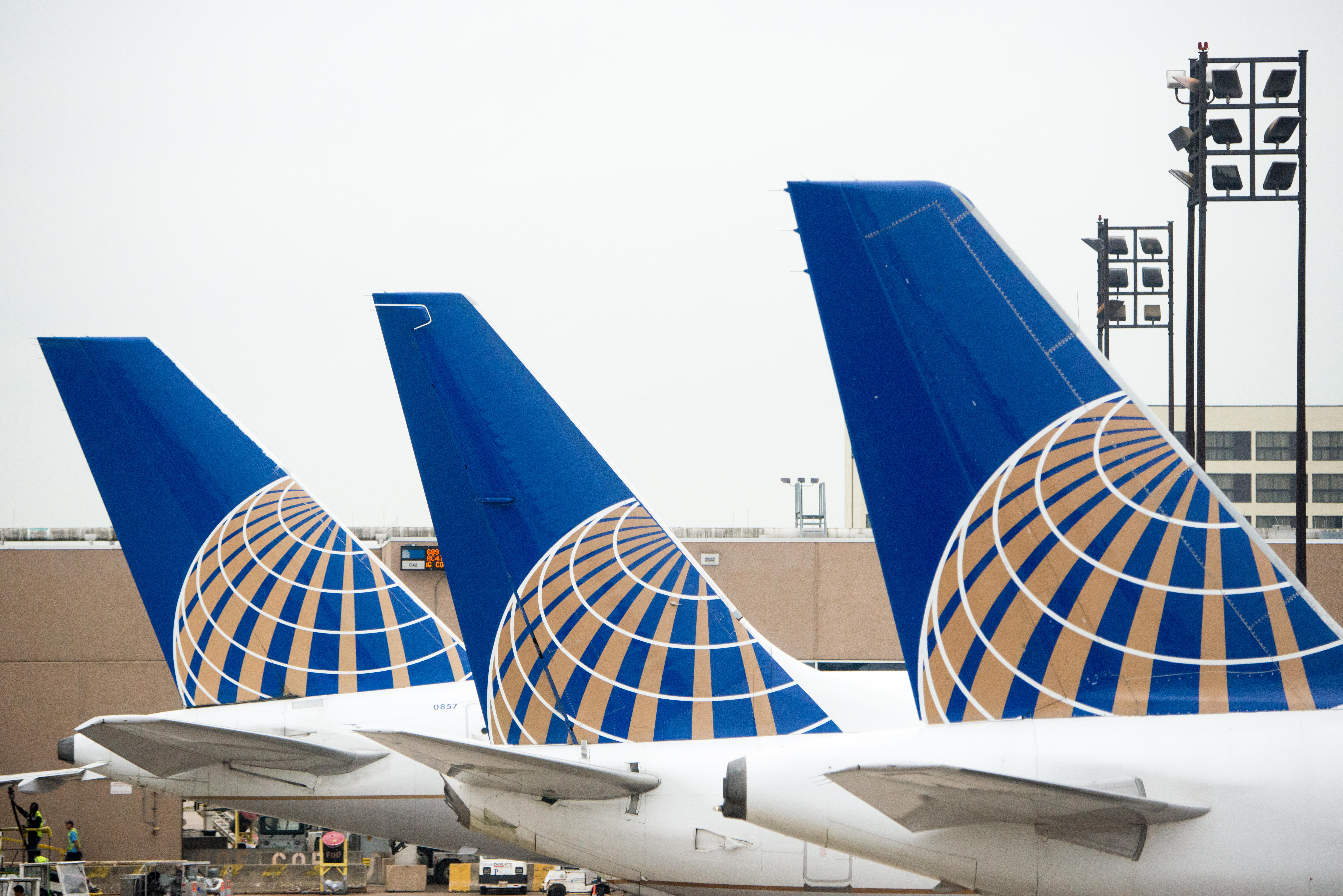 ER7BG5 A row of three tails of United Airlines planes lined up at the gate at an airport. Each tail has the new United logo after the merger with Continental Airlines.