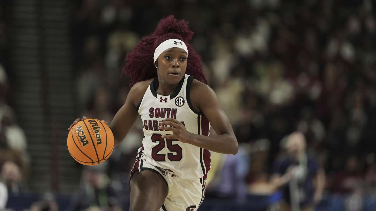 South Carolina guard Raven Johnson brings the ball down court against LSU during the second half of an NCAA college basketball game at the Southeastern Conference women's tournament final Sunday, March 10, 2024, in Greenville, S.C.