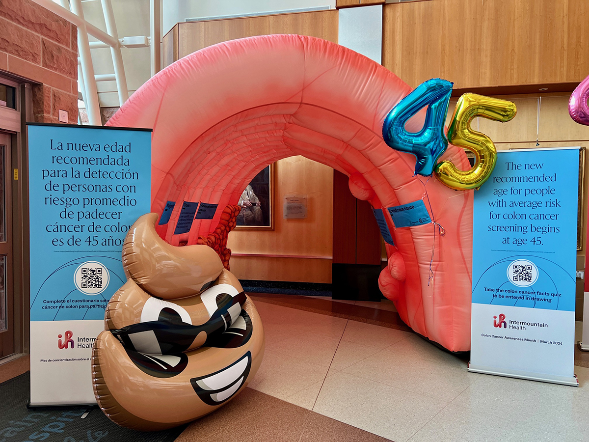 2 giant inflatable colons help Intermountain Health cancer experts raise colon cancer awareness