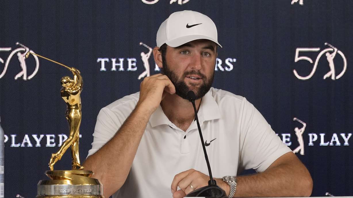 Scottie Scheffler speaks to the media after winning The Players Championship golf tournament Sunday, March 17, 2024, in Ponte Vedra Beach, Fla.