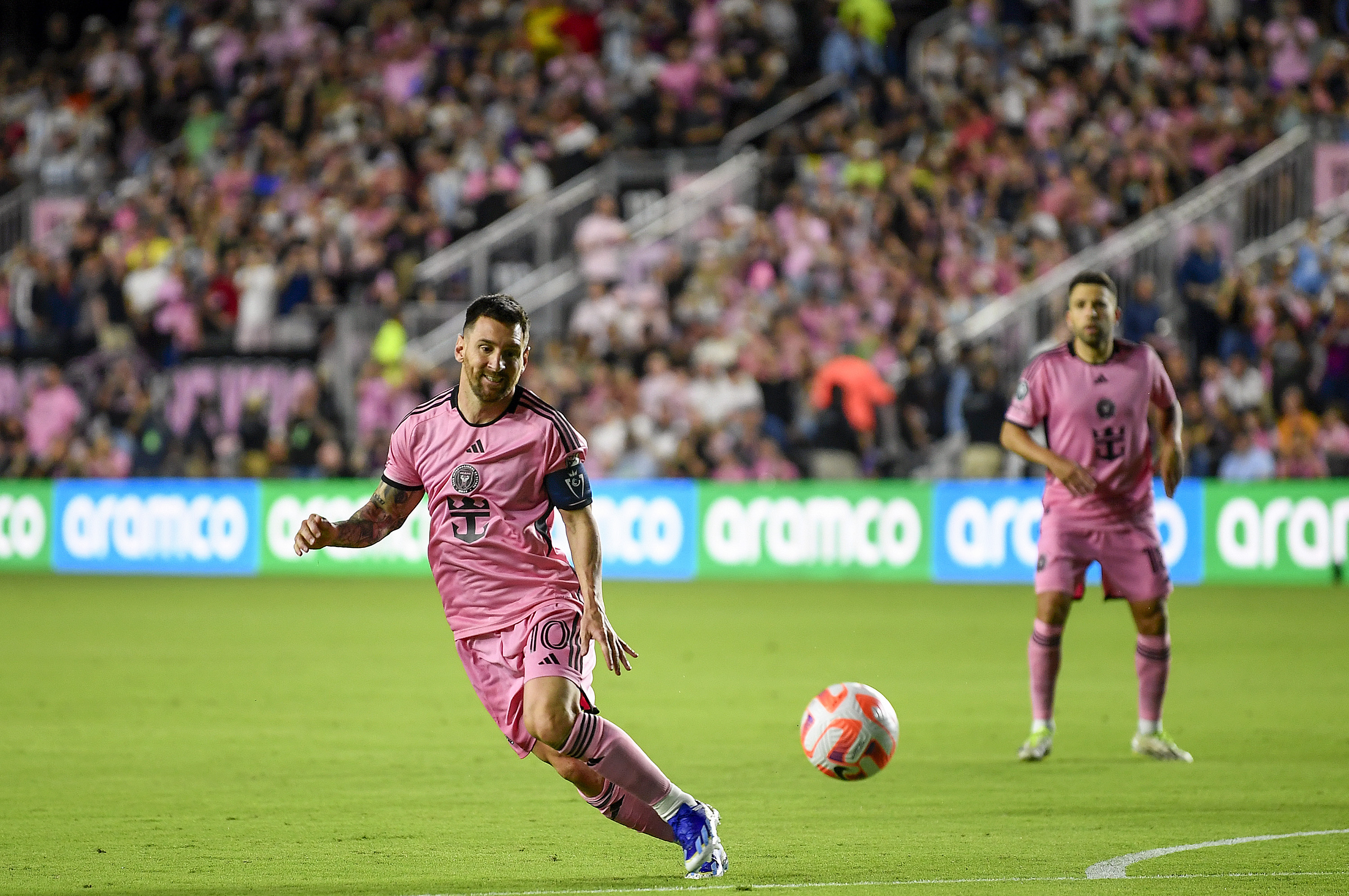 Inter Miami forward Lionel Messi chases the ball after a penalty kick during the first half of a CONCACAF Champions Cup soccer match against Nashville SC, Wednesday, March 13, 2024, in Fort Lauderdale, Fla. 
