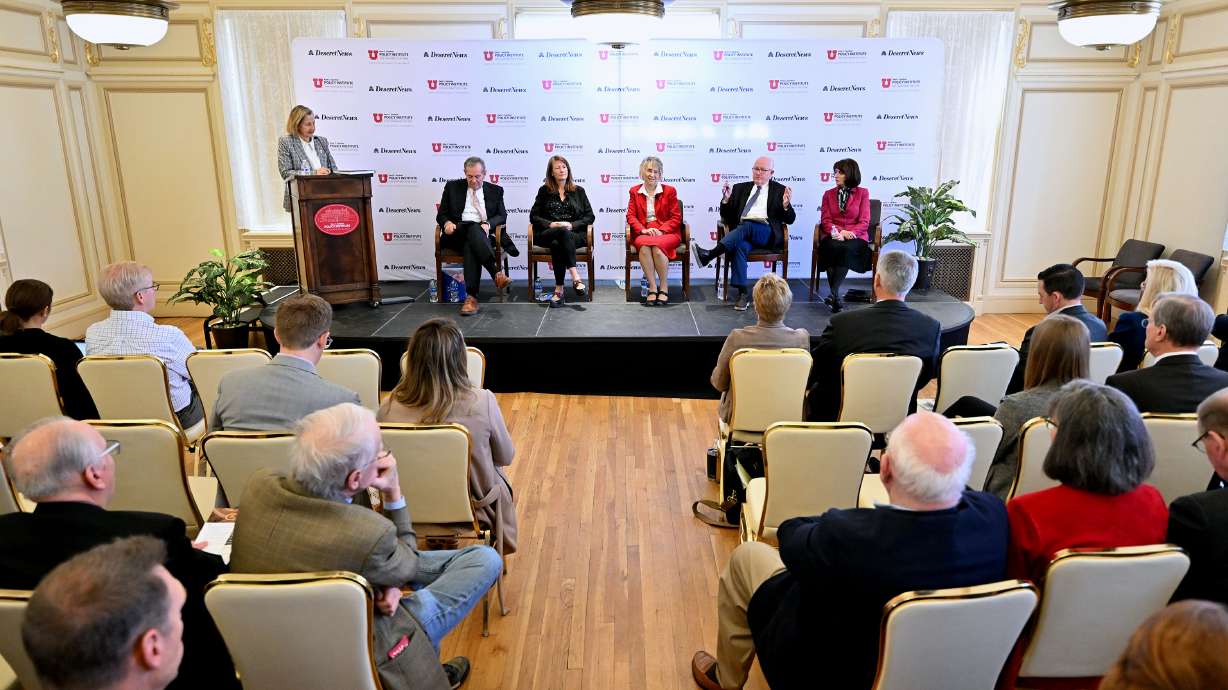 Former Gov. Michael Leavitt, Sen. Kathleen Riebe, Rep. Susan Pulsipher, Rich Kendell and Sydnee Dickson join policy experts for discussions hosted by the Kem C. Gardner Policy Institute at the Thomas S. Manson Center in Salt Lake City on Monday.