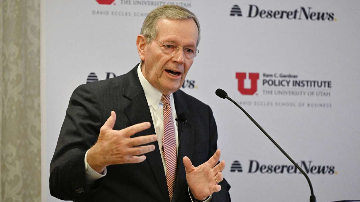 Former Gov. Michael Leavitt speaks as Utah policy experts gather for discussions at the University of Utah’s Kem C. Gardner Policy Institute in Salt Lake City on Monday.