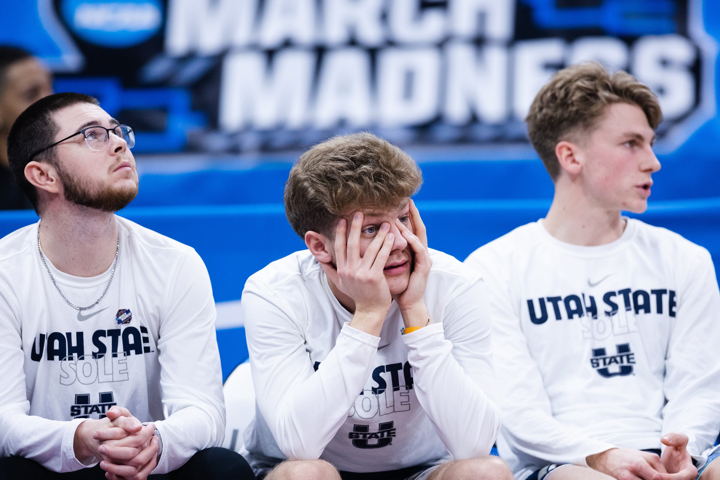Utah State’s bench reacts in the final quarter during the first round of the NCAA men’s basketball tournament between Utah State and Missouri at the Golden 1 Center in Sacramento on March 16, 2023.