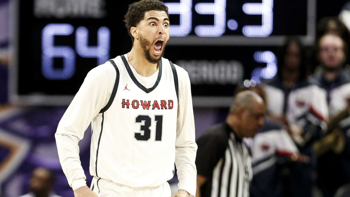 Howard Seth Towns (31) reacts to a foul against Delaware State with less than a minute left in the game. Howard defeated Delaware State 70-67 in the Mid-Eastern Athletic Conference tournament in Norfolk, Va., on Saturday, March 16, 2024.