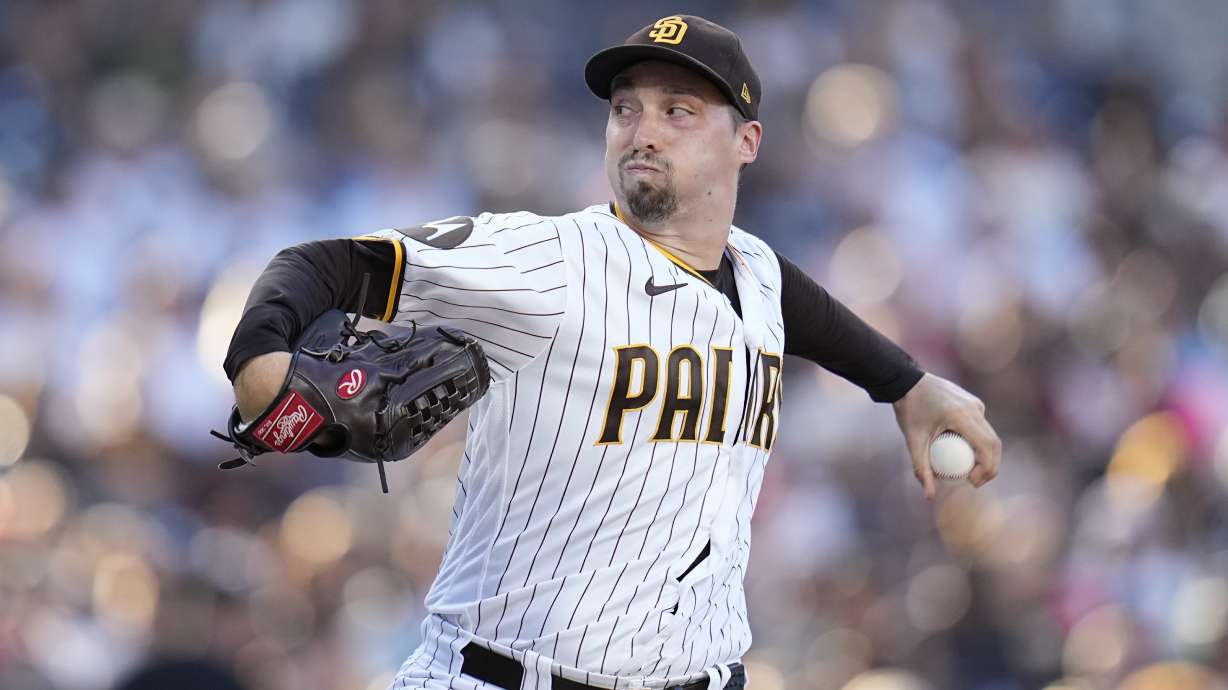 FILE - San Diego Padres starting pitcher Blake Snell works against a San Francisco Giants batter during the second inning of a baseball gam, Sept. 2, 2023, in San Diego. Two-time Cy Young Award winner Snell and the San Francisco Giants have agreed to a $62 million, two-year contract, a person familiar with the negotiations told The Associated Press on Monday, March 18, 2024.