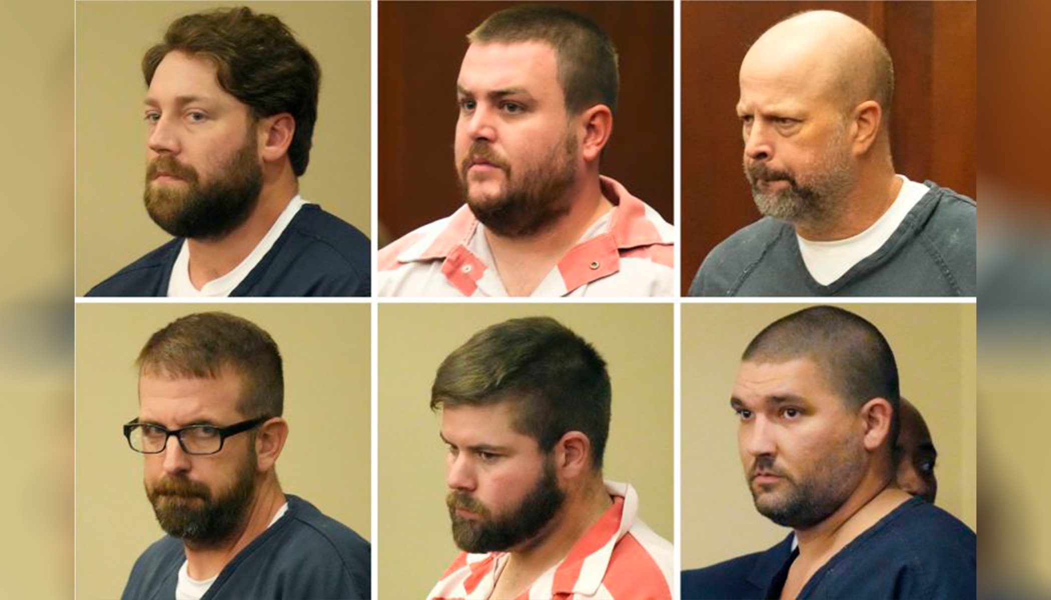 Former Rankin County sheriff's deputies Hunter Elward, Christian Dedmon, Brett McAlpin, Jeffrey Middleton, Daniel Opdyke and former Richland police officer Joshua Hartfield at the Rankin County Circuit Court in Brandon, Miss., Aug. 14, 2023. 