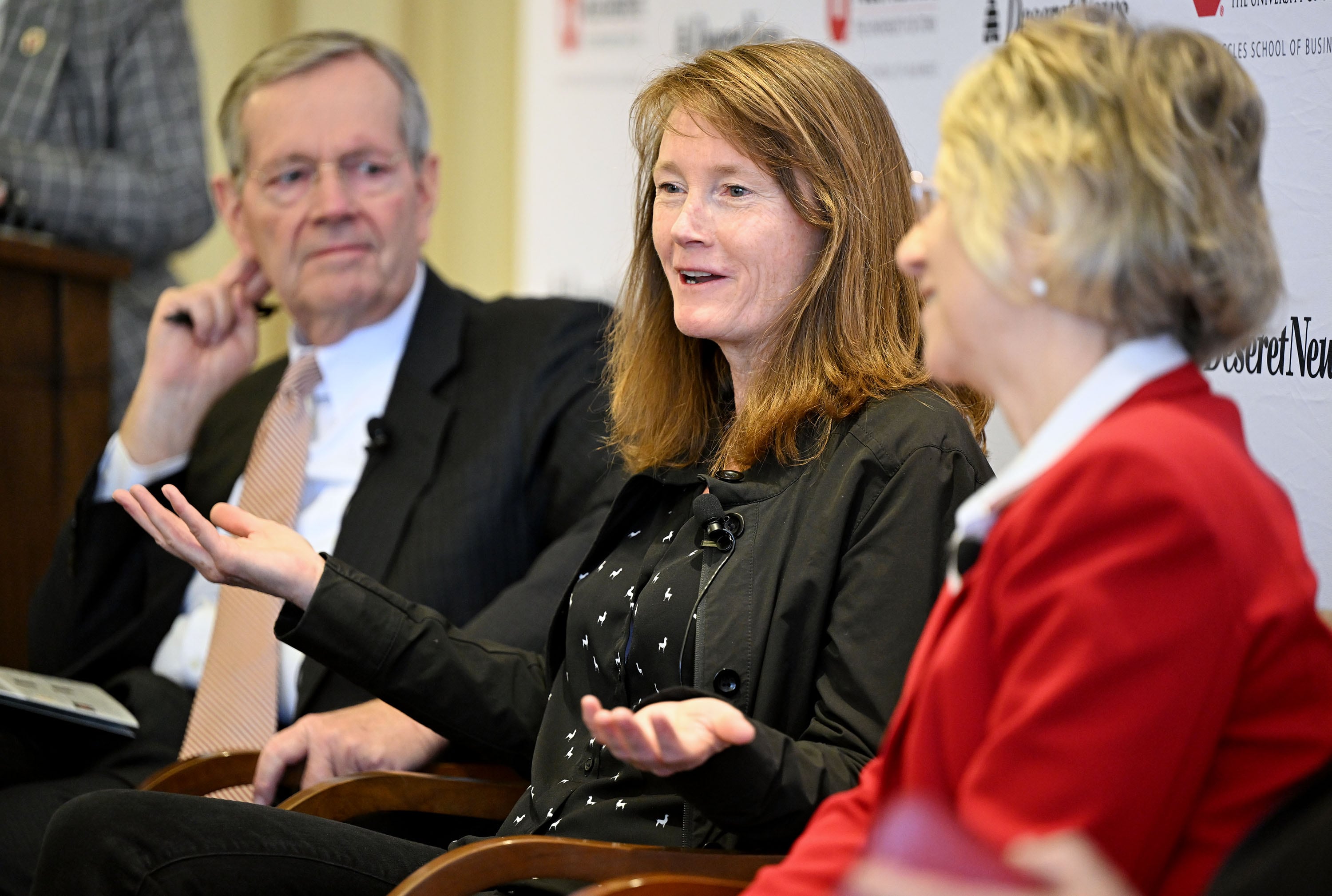 Sen. Kathleen Riebe, D-Cottonwood Heights, speaks as she joins with former Utah Gov. Michael Leavitt, Rep. Susan Pulsipher, R-South Jordan, and others on an education panel as Utah policy experts gather for discussions hosted by the University of Utah’s Kem C. Gardner Policy Institute at the Thomas S. Monson Center in Salt Lake City on Monday.