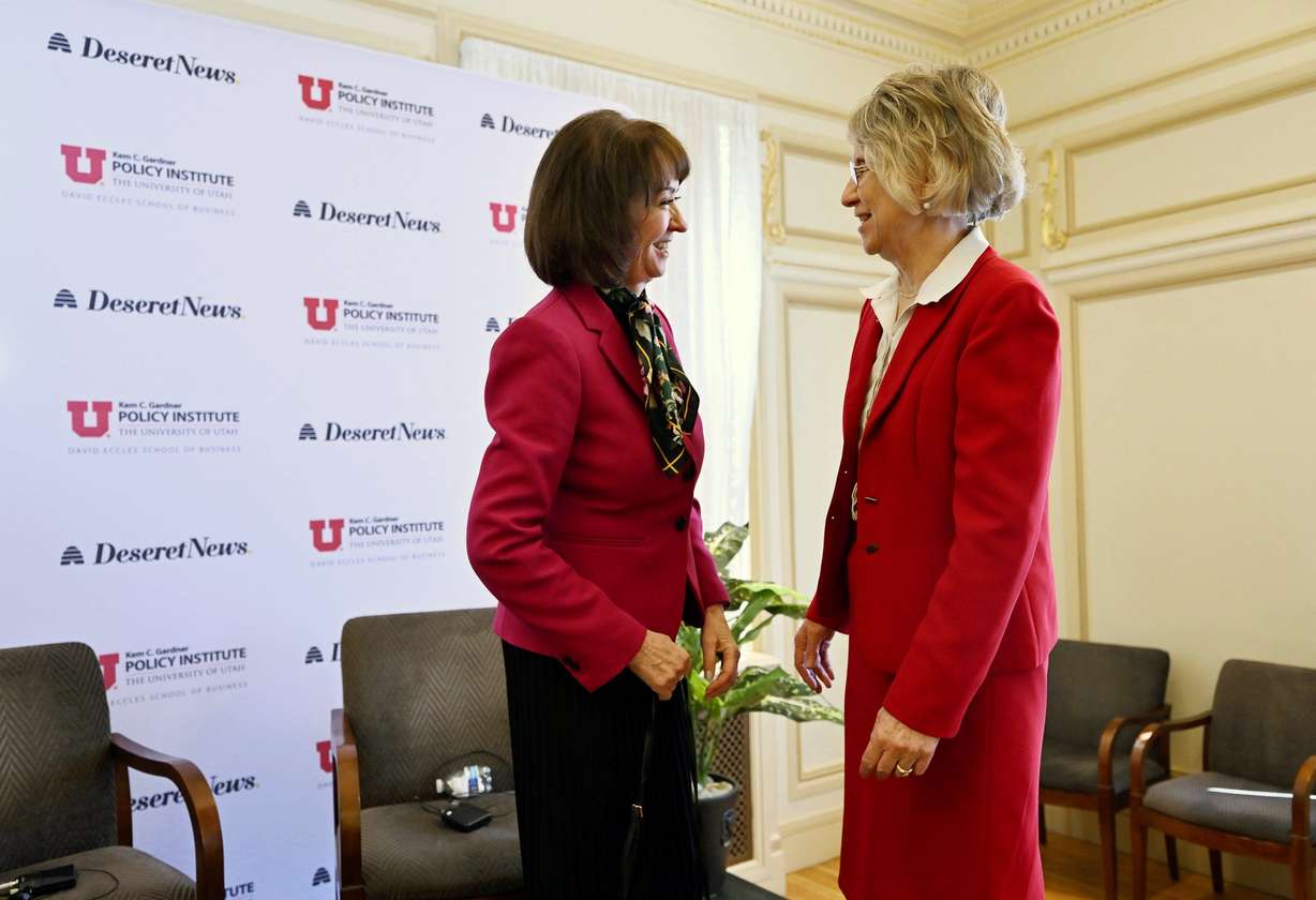State Superintendent of Public Instruction Sydnee Dickson and Rep. Susan Pulsipher, R-South Jordan, talk after their panel discussion as Utah policy experts gather for discussions hosted by the University of Utah’s Kem C. Gardner Policy Institute at the Thomas S. Monson Center in Salt Lake City on Monday.