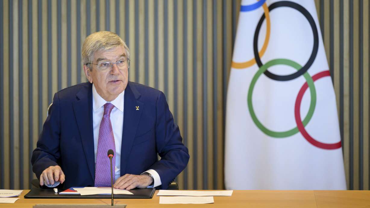 International Olympic Committee (IOC) President Thomas Bach speaks at the opening of the executive board meeting of the International Olympic Committee (IOC), at the Olympic House, in Lausanne, Switzerland, Tuesday, March 19, 2024.