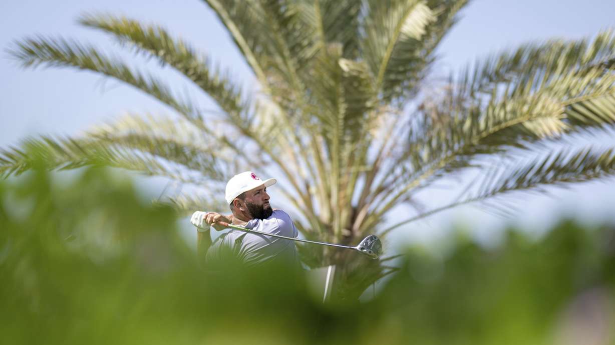 Captain Jon Rahm of Legion XIII GC hits his shot from the second tee during the first round of LIV Golf Jeddah at the Royal Greens Golf & Country Club on Friday, March 1, 2024, in King Abdullah Economic City, Saudi Arabia.