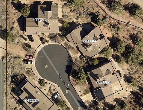 An arial view of two homes in the Red Hawk subdivision the town will place in a Community Land Land Trust to help with workforce housing in Springdale.