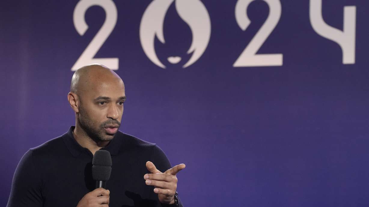 Former French soccer star Thierry Henry attends the draw for the Paris 2024 Olympic Soccer tournaments, Wednesday, March 20, 2024 in Saint-Denis, outside Paris.
