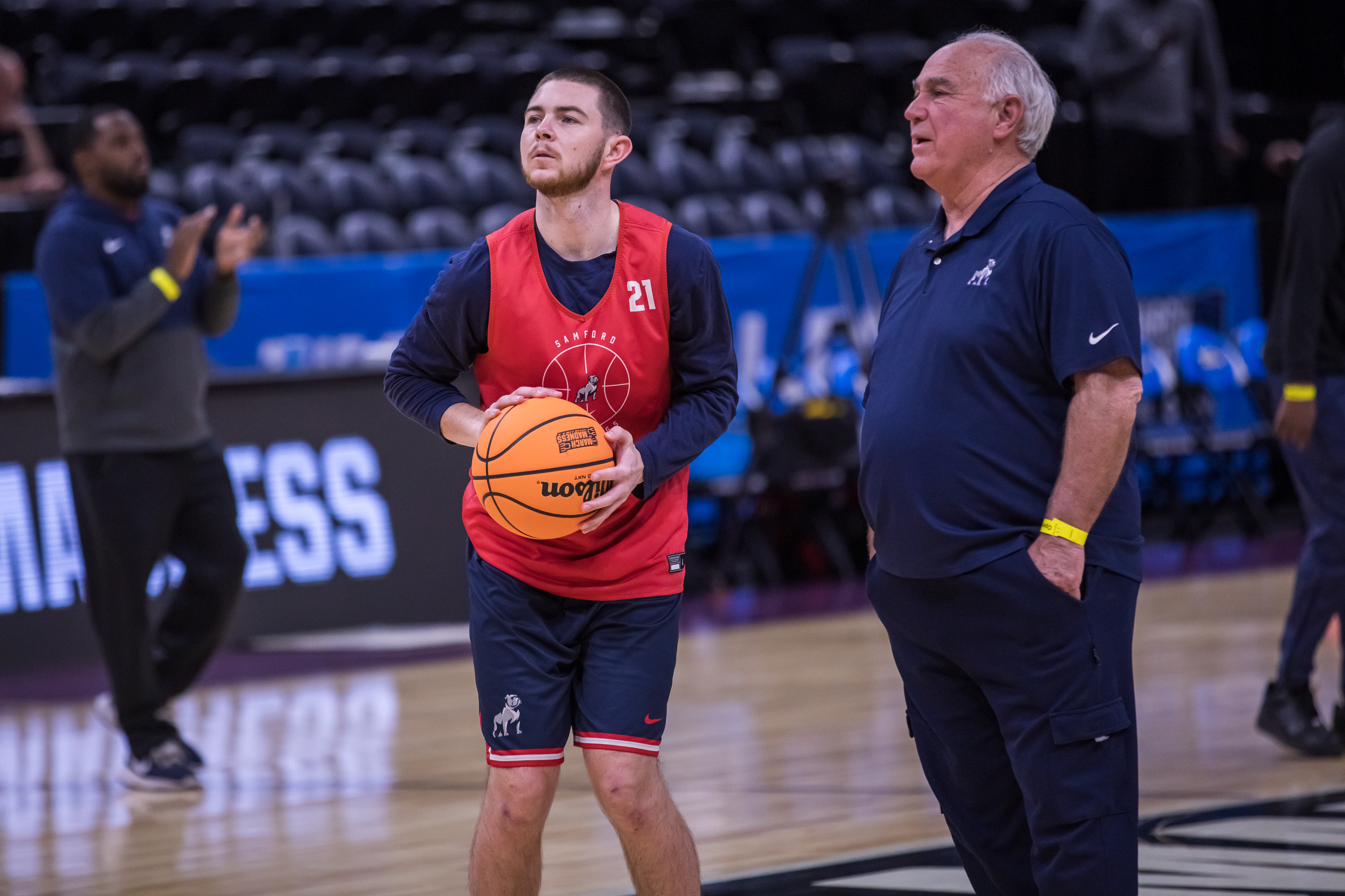 Samford guard Rylan Jones prepares to shoot during a team practice at the Delta Center in Salt Lake City on Wednesday.
