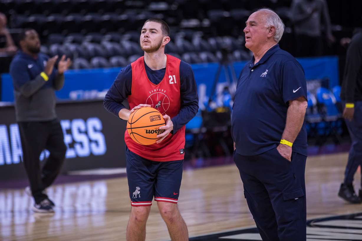 Samford guard Rylan Jones prepares to shoot during a team practice at the Delta Center in Salt Lake City on Wednesday.