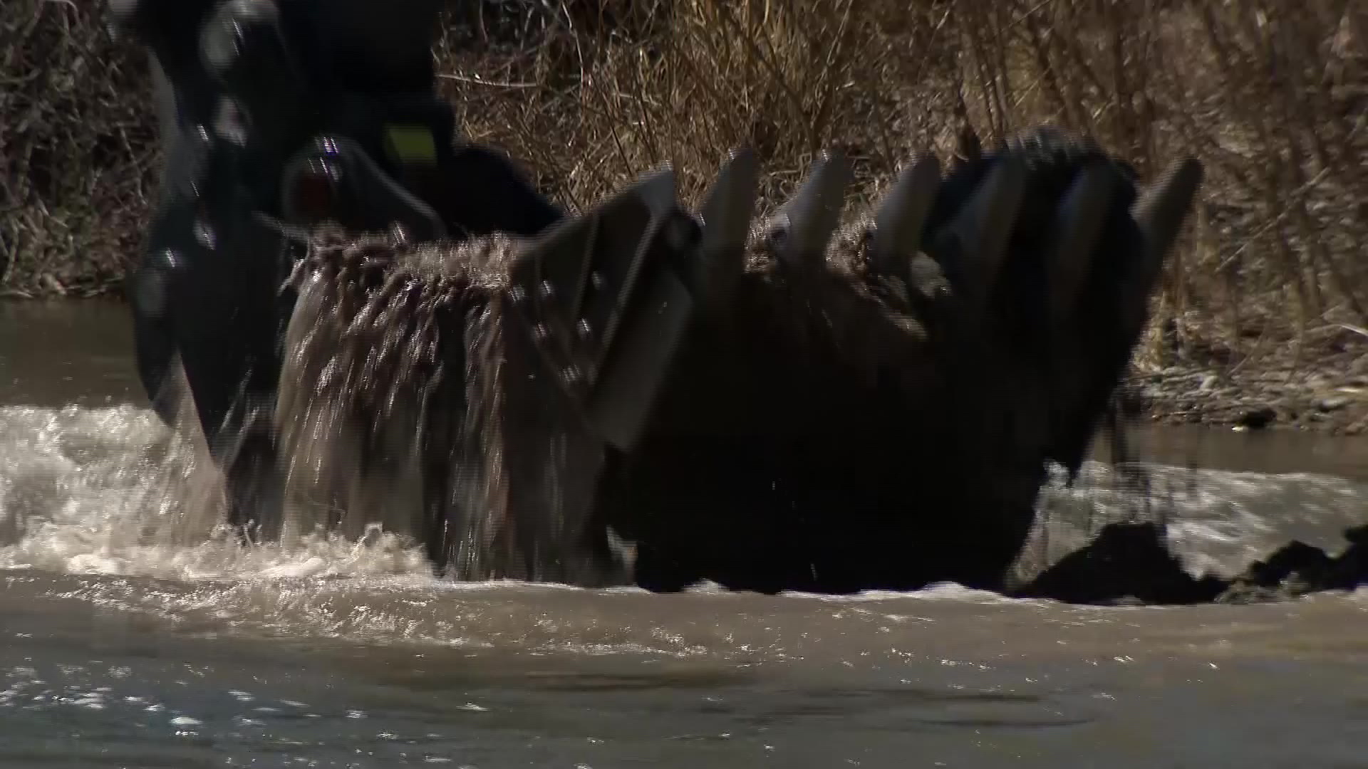 An excavator bucket full of sediment is pulled from the Logan River Wednesday.