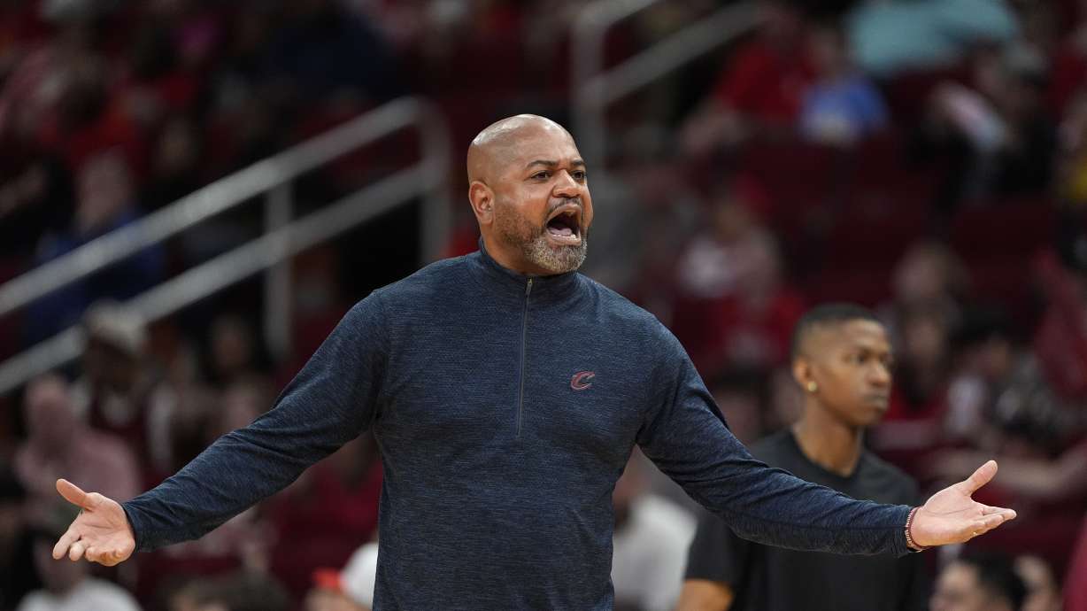 Cleveland Cavaliers coach J.B. Bickerstaff yells at an official during the second half of an NBA basketball game against the Houston Rockets Saturday, March 16, 2024, in Houston. The Rockets won 117-103.